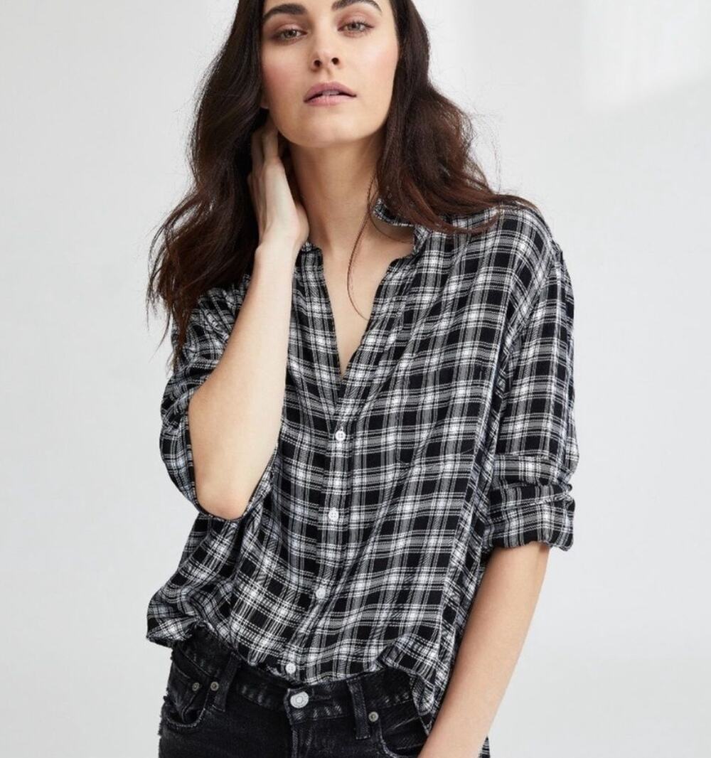 Frank & Eileen | Eileen Plaid Modal Button Up Shirt Black White | Sz XS